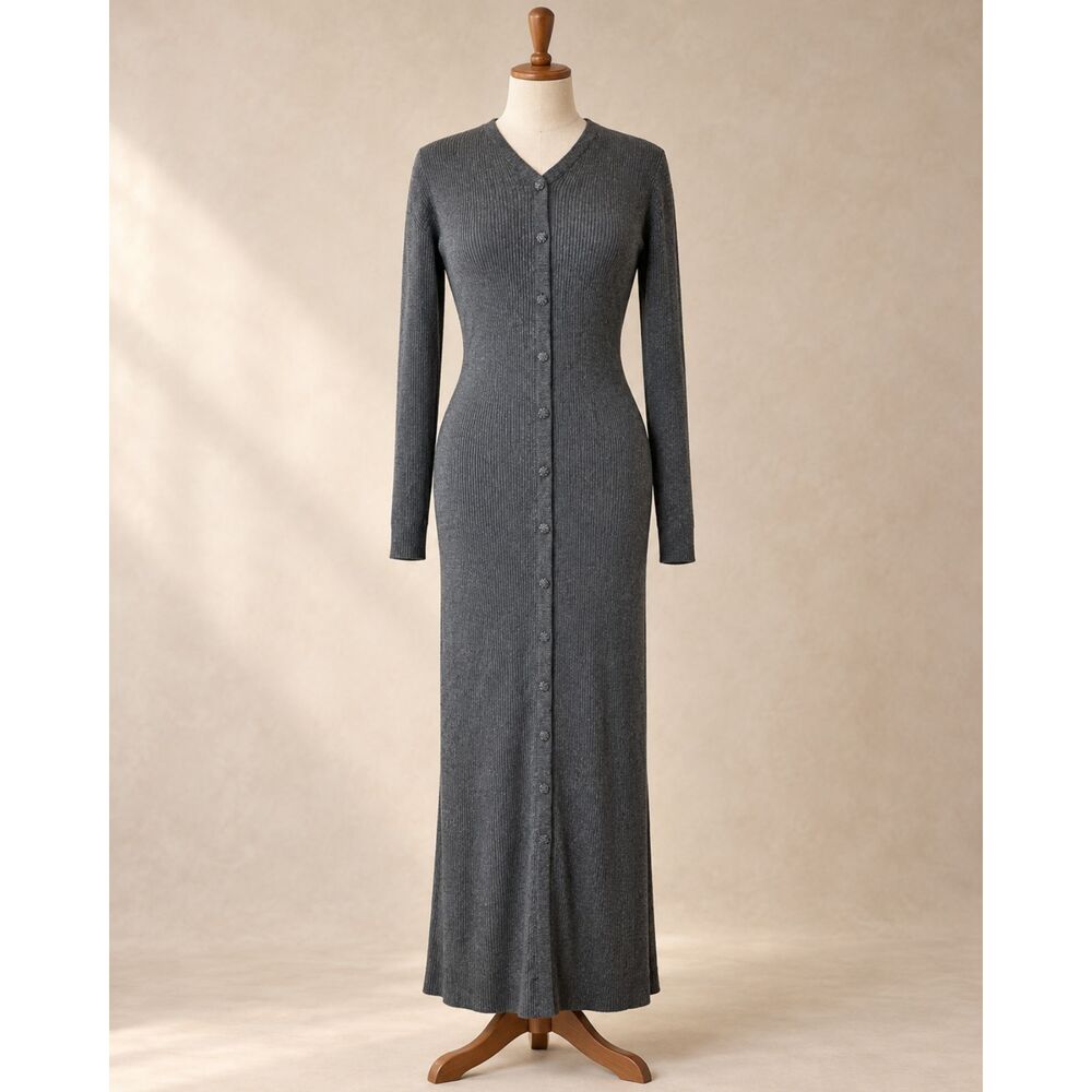 Carole Little Gray Ribbed Knit Wool Blend Button Front Maxi Sweater Dress L Fall